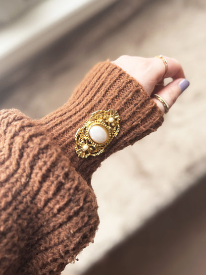 Secondhand Filagree Style Gold Tone & Pearl Brooch